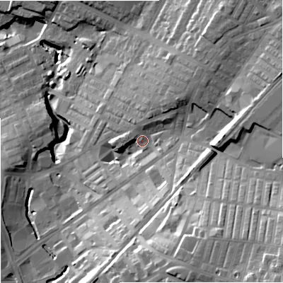 Shaded relief map of the ground around BB99XH, computed from Environment Agency LiDAR. The ground here sits at about 139 m above sea level and falls 49 m across the surrounding 800 m. Surface water reaching this point runs off ground lying to the south-east, 34.3 m higher.