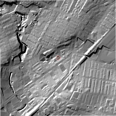 Shaded relief map of the ground around BB99XJ, computed from Environment Agency LiDAR. The ground here sits at about 138 m above sea level and falls 51 m across the surrounding 800 m. Surface water reaching this point runs off ground lying to the south-east, 35.3 m higher.