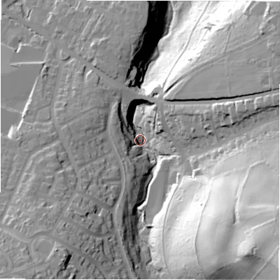 Shaded relief map of the ground around BD100BH, computed from Environment Agency LiDAR. The ground here sits at about 85 m above sea level and falls 94 m across the surrounding 800 m. Surface water reaching this point runs off ground lying to the south-east, 78.3 m higher.