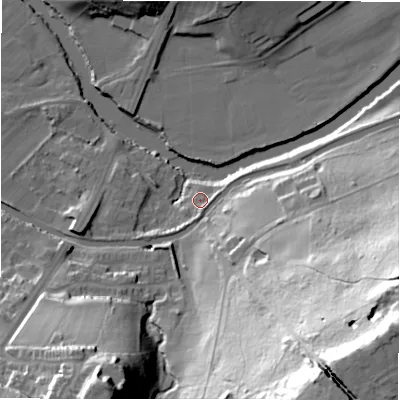 Shaded relief map of the ground around BD100FE, computed from Environment Agency LiDAR. The ground here sits at about 53 m above sea level and falls 79 m across the surrounding 800 m. Surface water reaching this point runs off ground lying to the south-east, 71.3 m higher.