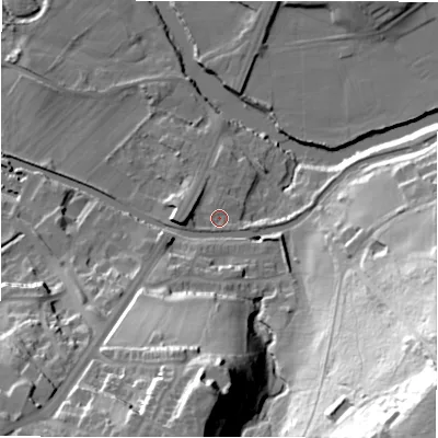 Shaded relief map of the ground around BD100FN, computed from Environment Agency LiDAR. The ground here sits at about 53 m above sea level and falls 76 m across the surrounding 800 m. Surface water reaching this point runs off ground lying to the south, 1.1 m higher.