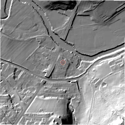 Shaded relief map of the ground around BD100FP, computed from Environment Agency LiDAR. The ground here sits at about 53 m above sea level and falls 77 m across the surrounding 800 m. Surface water reaching this point runs off ground lying to the south-south-west, 2.1 m higher.
