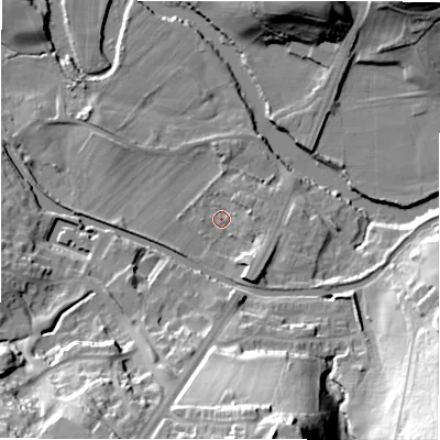 Shaded relief map of the ground around BD100NA, computed from Environment Agency LiDAR. The ground here sits at about 52 m above sea level and falls 46 m across the surrounding 800 m. Surface water reaching this point runs off ground lying to the south-south-east, 42.4 m higher.