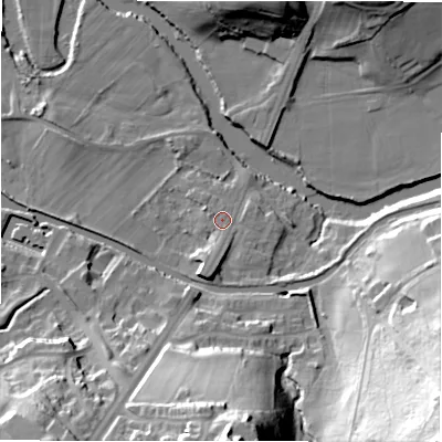 Shaded relief map of the ground around BD100NB, computed from Environment Agency LiDAR. The ground here sits at about 53 m above sea level and falls 59 m across the surrounding 800 m. Surface water reaching this point runs off ground lying to the south-south-west, 5.2 m higher.