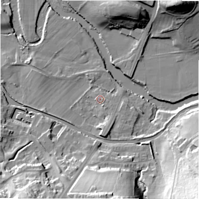 Shaded relief map of the ground around BD100ND, computed from Environment Agency LiDAR. The ground here sits at about 53 m above sea level and falls 45 m across the surrounding 800 m. Surface water reaching this point runs off ground lying to the south-east, 40.8 m higher.