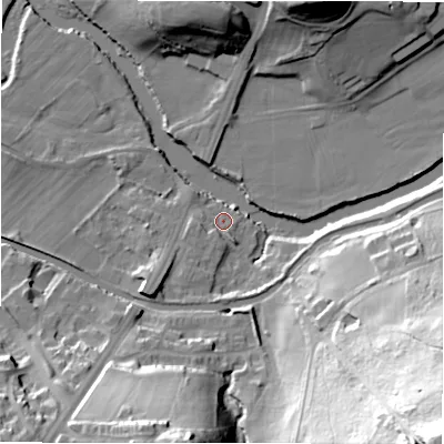 Shaded relief map of the ground around BD100NF, computed from Environment Agency LiDAR. The ground here sits at about 51 m above sea level and falls 78 m across the surrounding 800 m. Surface water reaching this point runs off ground lying to the south-west, 3.6 m higher.