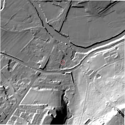 Shaded relief map of the ground around BD100NH, computed from Environment Agency LiDAR. The ground here sits at about 52 m above sea level and falls 79 m across the surrounding 800 m. Surface water reaching this point runs off ground lying to the east, 4.1 m higher.