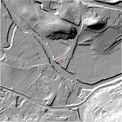 Shaded relief map of the ground around BD100NN, computed from Environment Agency LiDAR. The ground here sits at about 52 m above sea level and falls 41 m across the surrounding 800 m. Surface water reaching this point runs off ground lying to the north-east, 1.2 m higher.