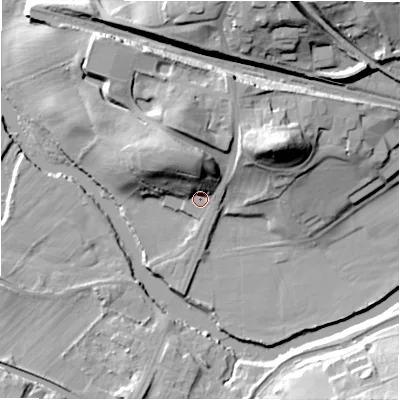 Shaded relief map of the ground around BD100NP, computed from Environment Agency LiDAR. The ground here sits at about 52 m above sea level and falls 33 m across the surrounding 800 m. Surface water reaching this point runs off ground lying to the north-east, 23.8 m higher.