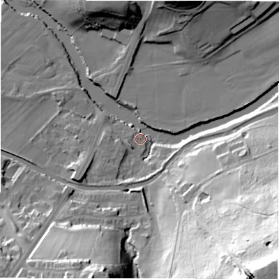 Shaded relief map of the ground around BD100NQ, computed from Environment Agency LiDAR. The ground here sits at about 51 m above sea level and falls 79 m across the surrounding 800 m. Surface water reaching this point runs off ground lying to the south-east, 7.6 m higher.