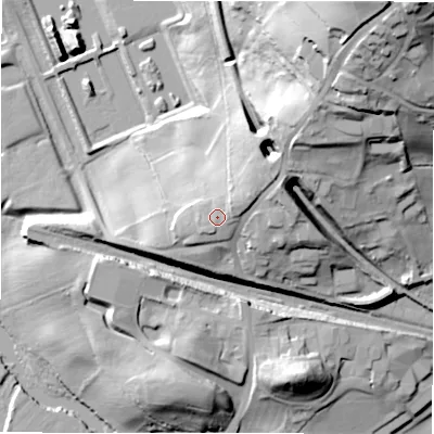 Shaded relief map of the ground around BD100PD, computed from Environment Agency LiDAR. The ground here sits at about 76 m above sea level and falls 72 m across the surrounding 800 m. Surface water reaching this point runs off ground lying to the east-north-east, 4.1 m higher.