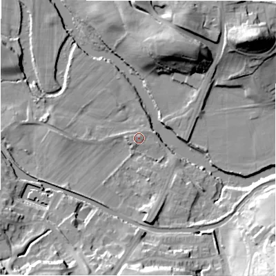 Shaded relief map of the ground around BD100PU, computed from Environment Agency LiDAR. The ground here sits at about 52 m above sea level and falls 32 m across the surrounding 800 m. Surface water reaching this point runs off ground lying to the west, 1.4 m higher.