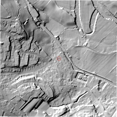 Shaded relief map of the ground around BD100PX, computed from Environment Agency LiDAR. The ground here sits at about 57 m above sea level and falls 42 m across the surrounding 800 m. Surface water reaching this point runs off ground lying to the west-north-west, 32.5 m higher.