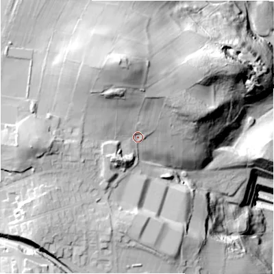 Shaded relief map of the ground around BD100TJ, computed from Environment Agency LiDAR. The ground here sits at about 123 m above sea level and falls 85 m across the surrounding 800 m. Surface water reaching this point runs off ground lying to the north-north-west, 19.8 m higher.