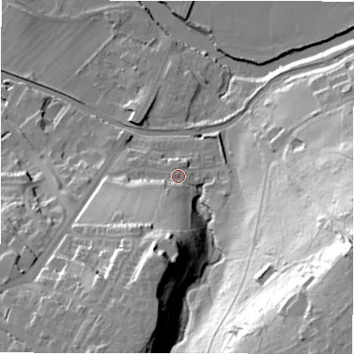 Shaded relief map of the ground around BD100TQ, computed from Environment Agency LiDAR. The ground here sits at about 60 m above sea level and falls 77 m across the surrounding 800 m. Surface water reaching this point runs off ground lying to the south-south-west, 13.4 m higher.