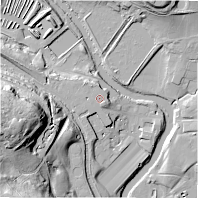 Shaded relief map of the ground around BD100TW, computed from Environment Agency LiDAR. The ground here sits at about 62 m above sea level and falls 71 m across the surrounding 800 m. The ground contributing surface water to this point lies to the west-south-west.
