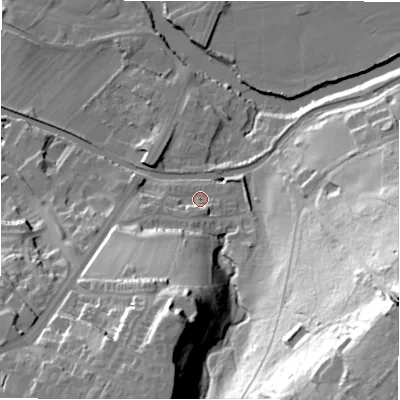 Shaded relief map of the ground around BD100TX, computed from Environment Agency LiDAR. The ground here sits at about 56 m above sea level and falls 77 m across the surrounding 800 m. Surface water reaching this point runs off ground lying to the south-south-west, 4.6 m higher.