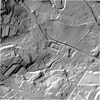 Shaded relief map of the ground around BD100UL, computed from Environment Agency LiDAR. The ground here sits at about 57 m above sea level and falls 47 m across the surrounding 800 m. Surface water reaching this point runs off ground lying to the south-east, 39.2 m higher.