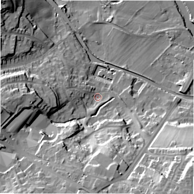 Shaded relief map of the ground around BD100UN, computed from Environment Agency LiDAR. The ground here sits at about 57 m above sea level and falls 47 m across the surrounding 800 m. Surface water reaching this point runs off ground lying to the south, 32.6 m higher.