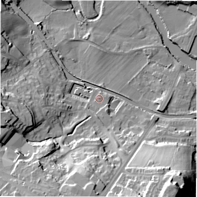Shaded relief map of the ground around BD100UR, computed from Environment Agency LiDAR. The ground here sits at about 56 m above sea level and falls 49 m across the surrounding 800 m. Surface water reaching this point runs off ground lying to the south-south-west, 32.6 m higher.