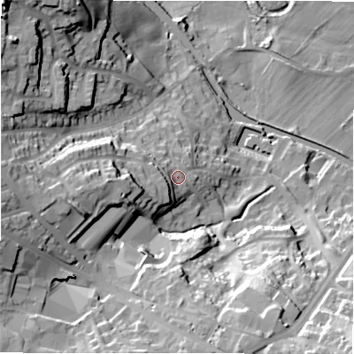 Shaded relief map of the ground around BD100UW, computed from Environment Agency LiDAR. The ground here sits at about 67 m above sea level and falls 43 m across the surrounding 800 m. Surface water reaching this point runs off ground lying to the west-south-west, 9.8 m higher.