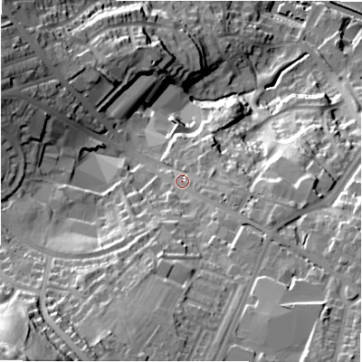 Shaded relief map of the ground around BD109AS, computed from Environment Agency LiDAR. The ground here sits at about 82 m above sea level and falls 80 m across the surrounding 800 m. Surface water reaching this point runs off ground lying to the south-south-west, 26.2 m higher.