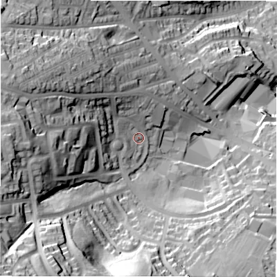 Shaded relief map of the ground around BD109QR, computed from Environment Agency LiDAR. The ground here sits at about 87 m above sea level and falls 81 m across the surrounding 800 m. Surface water reaching this point runs off ground lying to the west, 37.5 m higher.