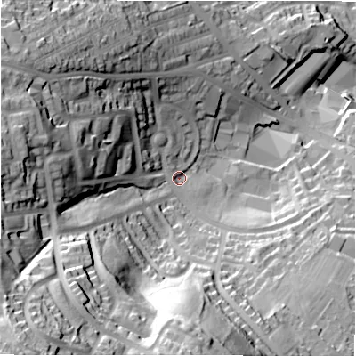 Shaded relief map of the ground around BD109QS, computed from Environment Agency LiDAR. The ground here sits at about 89 m above sea level and falls 82 m across the surrounding 800 m. Surface water reaching this point runs off ground lying to the south-west, 60.6 m higher.