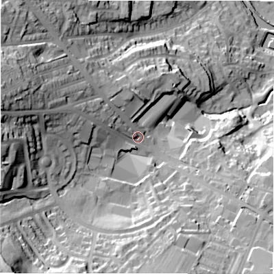 Shaded relief map of the ground around BD109TD, computed from Environment Agency LiDAR. The ground here sits at about 80 m above sea level and falls 72 m across the surrounding 800 m. Surface water reaching this point runs off ground lying to the west-north-west, 17.0 m higher.