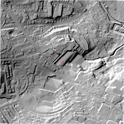 Shaded relief map of the ground around BD109TE, computed from Environment Agency LiDAR. The ground here sits at about 78 m above sea level and falls 61 m across the surrounding 800 m. Surface water reaching this point runs off ground lying to the west, 27.9 m higher.