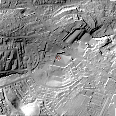 Shaded relief map of the ground around BD109TF, computed from Environment Agency LiDAR. The ground here sits at about 80 m above sea level and falls 80 m across the surrounding 800 m. Surface water reaching this point runs off ground lying to the south-west, 55.6 m higher.