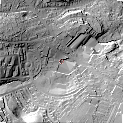 Shaded relief map of the ground around BD109TQ, computed from Environment Agency LiDAR. The ground here sits at about 79 m above sea level and falls 80 m across the surrounding 800 m. Surface water reaching this point runs off ground lying to the south-west, 55.7 m higher.