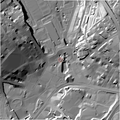 Shaded relief map of the ground around BD11AF, computed from Environment Agency LiDAR. The ground here sits at about 97 m above sea level and falls 44 m across the surrounding 800 m. Surface water reaching this point runs off ground lying to the east-north-east, 37.8 m higher.