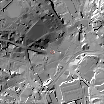Shaded relief map of the ground around BD11AG, computed from Environment Agency LiDAR. The ground here sits at about 99 m above sea level and falls 37 m across the surrounding 800 m. Surface water reaching this point runs off ground lying to the north-west, 29.4 m higher.
