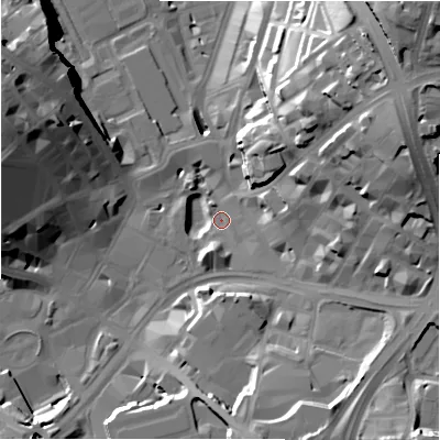 Shaded relief map of the ground around BD11AH, computed from Environment Agency LiDAR. The ground here sits at about 97 m above sea level and falls 45 m across the surrounding 800 m. Surface water reaching this point runs off ground lying to the north-east, 42.9 m higher.