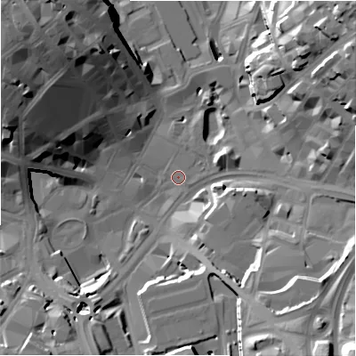 Shaded relief map of the ground around BD11EE, computed from Environment Agency LiDAR. The ground here sits at about 98 m above sea level and falls 36 m across the surrounding 800 m. Surface water reaching this point runs off ground lying to the south-south-west, 1.7 m higher.
