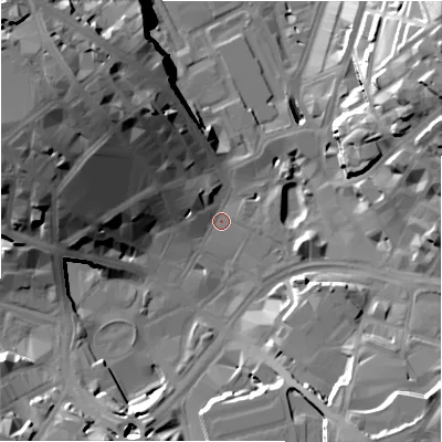 Shaded relief map of the ground around BD11EG, computed from Environment Agency LiDAR. The ground here sits at about 98 m above sea level and falls 34 m across the surrounding 800 m. Surface water reaching this point runs off ground lying to the west-north-west, 27.7 m higher.