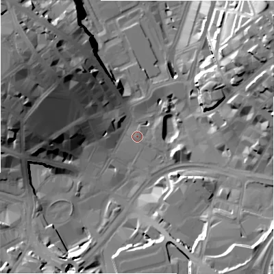 Shaded relief map of the ground around BD11EJ, computed from Environment Agency LiDAR. The ground here sits at about 98 m above sea level and falls 37 m across the surrounding 800 m. Surface water reaching this point runs off ground lying to the south-south-east, 19.6 m higher.