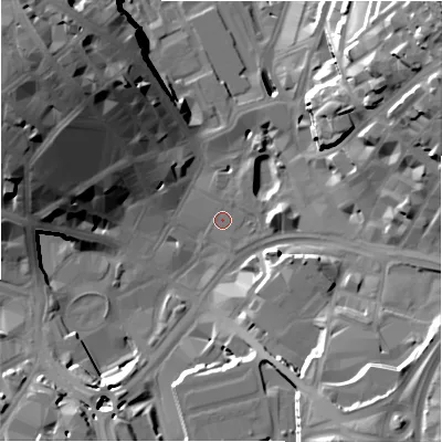 Shaded relief map of the ground around BD11EY, computed from Environment Agency LiDAR. The ground here sits at about 98 m above sea level and falls 37 m across the surrounding 800 m. Surface water reaching this point runs off ground lying to the west-north-west, 27.0 m higher.