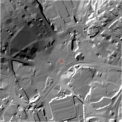 Shaded relief map of the ground around BD11EZ, computed from Environment Agency LiDAR. The ground here sits at about 98 m above sea level and falls 35 m across the surrounding 800 m. Surface water reaching this point runs off ground lying to the west-north-west, 27.0 m higher.