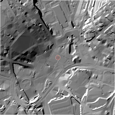 Shaded relief map of the ground around BD11HA, computed from Environment Agency LiDAR. The ground here sits at about 98 m above sea level and falls 36 m across the surrounding 800 m. Surface water reaching this point runs off ground lying to the west-north-west, 27.0 m higher.