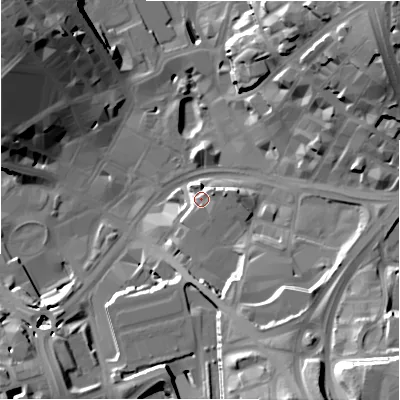 Shaded relief map of the ground around BD11HB, computed from Environment Agency LiDAR. The ground here sits at about 104 m above sea level and falls 38 m across the surrounding 800 m. Surface water reaching this point runs off ground lying to the south-south-east, 5.2 m higher.