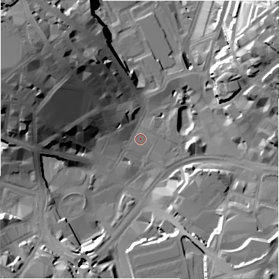 Shaded relief map of the ground around BD11HD, computed from Environment Agency LiDAR. The ground here sits at about 98 m above sea level and falls 34 m across the surrounding 800 m. Surface water reaching this point runs off ground lying to the west-north-west, 27.7 m higher.