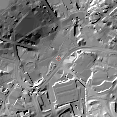 Shaded relief map of the ground around BD11HX, computed from Environment Agency LiDAR. The ground here sits at about 98 m above sea level and falls 37 m across the surrounding 800 m. Surface water reaching this point runs off ground lying to the south-east, 30.5 m higher.