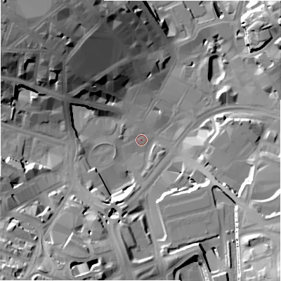 Shaded relief map of the ground around BD11HZ, computed from Environment Agency LiDAR. The ground here sits at about 99 m above sea level and falls 37 m across the surrounding 800 m. Surface water reaching this point runs off ground lying to the south-west, 30.4 m higher.