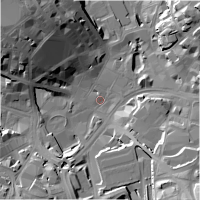 Shaded relief map of the ground around BD11JB, computed from Environment Agency LiDAR. The ground here sits at about 99 m above sea level and falls 34 m across the surrounding 800 m. Surface water reaching this point runs off ground lying to the north-west, 27.7 m higher.