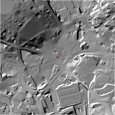 Shaded relief map of the ground around BD11JD, computed from Environment Agency LiDAR. The ground here sits at about 99 m above sea level and falls 34 m across the surrounding 800 m. Surface water reaching this point runs off ground lying to the north-west, 27.9 m higher.