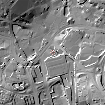 Shaded relief map of the ground around BD11JE, computed from Environment Agency LiDAR. The ground here sits at about 102 m above sea level and falls 38 m across the surrounding 800 m. Surface water reaching this point runs off ground lying to the east-south-east, 10.8 m higher.