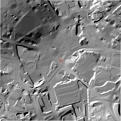 Shaded relief map of the ground around BD11JN, computed from Environment Agency LiDAR. The ground here sits at about 99 m above sea level and falls 38 m across the surrounding 800 m. Surface water reaching this point runs off ground lying to the south-east, 31.4 m higher.