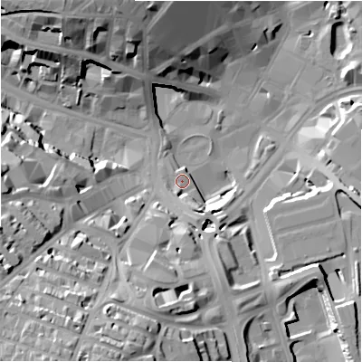 Shaded relief map of the ground around BD11LA, computed from Environment Agency LiDAR. The ground here sits at about 102 m above sea level and falls 38 m across the surrounding 800 m. Surface water reaching this point runs off ground lying to the south, 3.7 m higher.